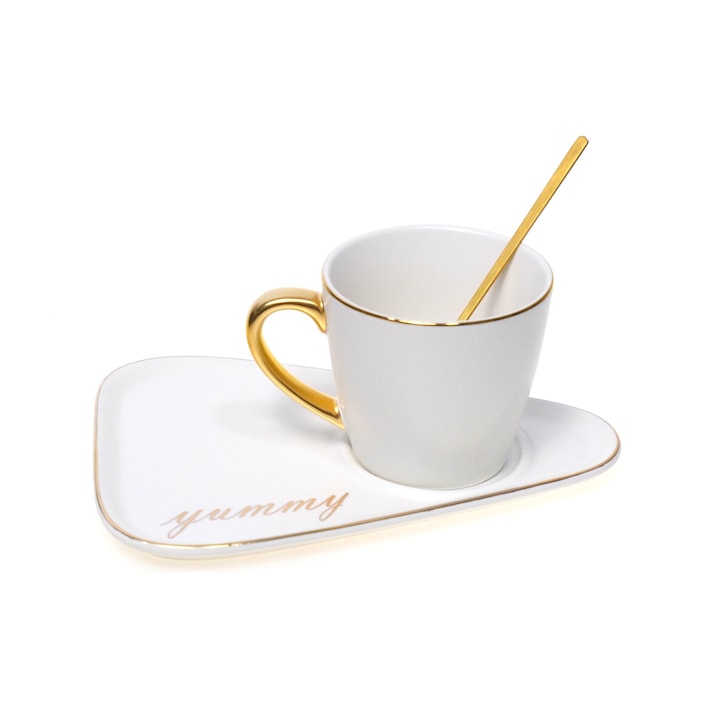 Set Cana inaltime 8 cm , diametru 9 cm, cu platou lungime 21 cm , latime 15 cm si lingurita 15 cm, alb/auriu, Yummy