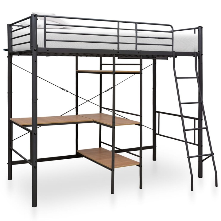 Cadru de pat supraetajat cu masa vidaXL, gri, 90 x 200 cm, metal, 57.4 kg