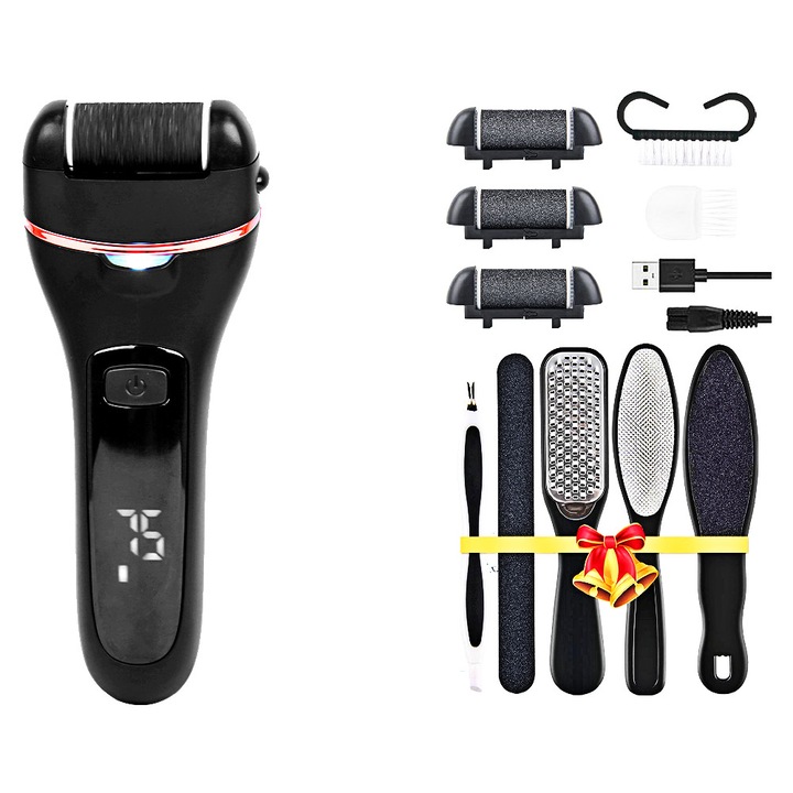 Set Aparat indepartare bataturi si piele uscata Calus Neo Foot Polisher, display digital, LED, incarcare USB, capat suplimentar si 3 role, 2000 rpm, Negru