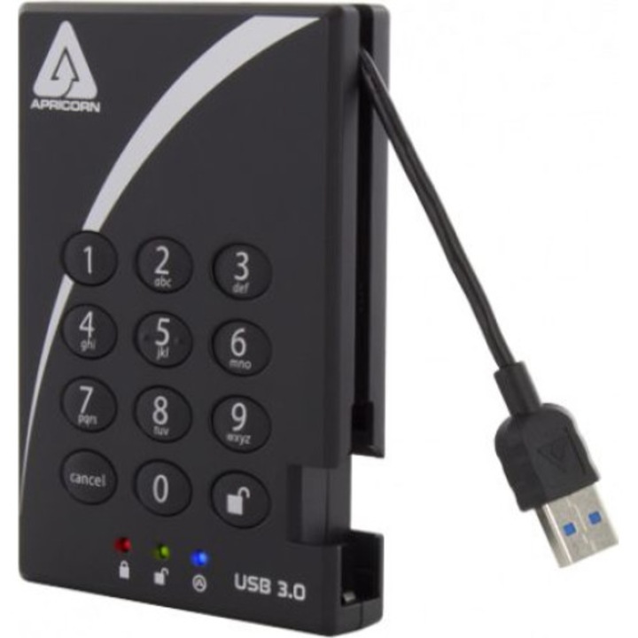 Hard Disk extern Apricorn A25-3PL256-1000, Aegis Padlock, USB 3.0, 1 TB, 2.5'', negru