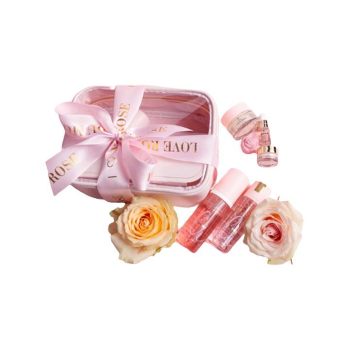 Set ingrijire Love Rose Cosmetics, crema de fata, demachiant, lotiune tonica, geanta cosmetica, ser pentru fata, crema de ochi, masca exfolianta