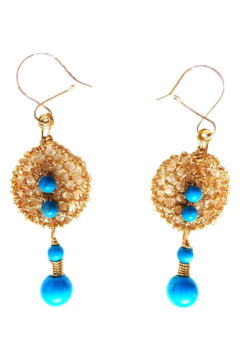 Тюркоазени плетени обеци, Позлатен метал, Злато, 6 см