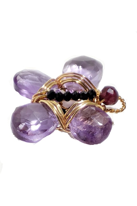 Pandantiv fluturas de spinel si ametist, fire metalice de aur filat Goldfilled, Violet, 2 cm