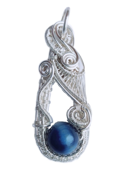 Висулка Тигрово око от плетени метални нишки, Посребрена мед, Сребро, 5 см