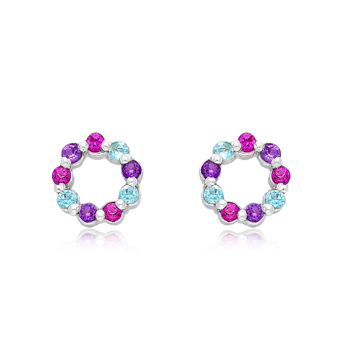 Cercei Pink Sapphir, Amethyst and Sky-Blue Topaz Halo Push-Back