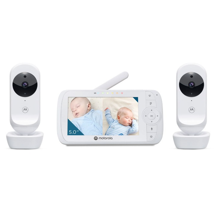 Motorola Nursery VM35-2 / Ease 35-2 Baby Monitor cu 2 camere Afisaj video pentru copii de 5.0 inch - Vedere pe timp de noapte, Comunicare bidirectionala, Cantece de leagan, Zoom, Temperatura camerei, 1080P - Alb