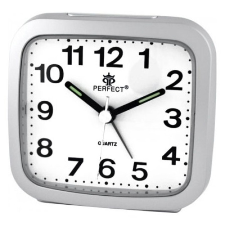 Ceas desteptator decorativ, Perfect, Plastic, 8.3 cm, Alb/Argintiu