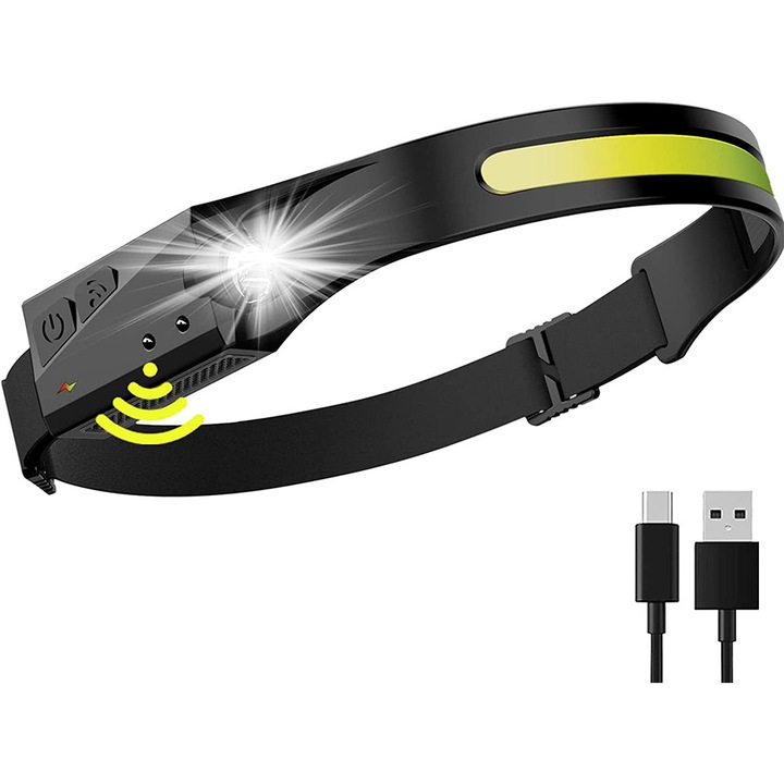 Lanterna de cap LED, BOMSTOM, Profesionala, Incarcare USB, Senzor Miscare, 4 Moduri Lumina, ABS / Silicon, IPX4, lumina laterala, Pentru Pescuit, Vanatoare, Munca, Negru