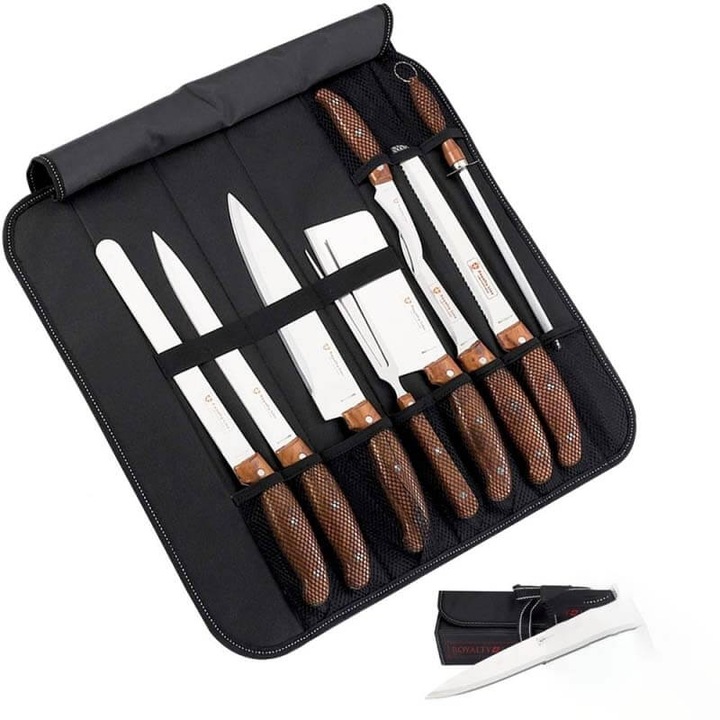 9 darabos rozsdamentes acél késkészlet barna tokban, Royalty Line RL-K9C
