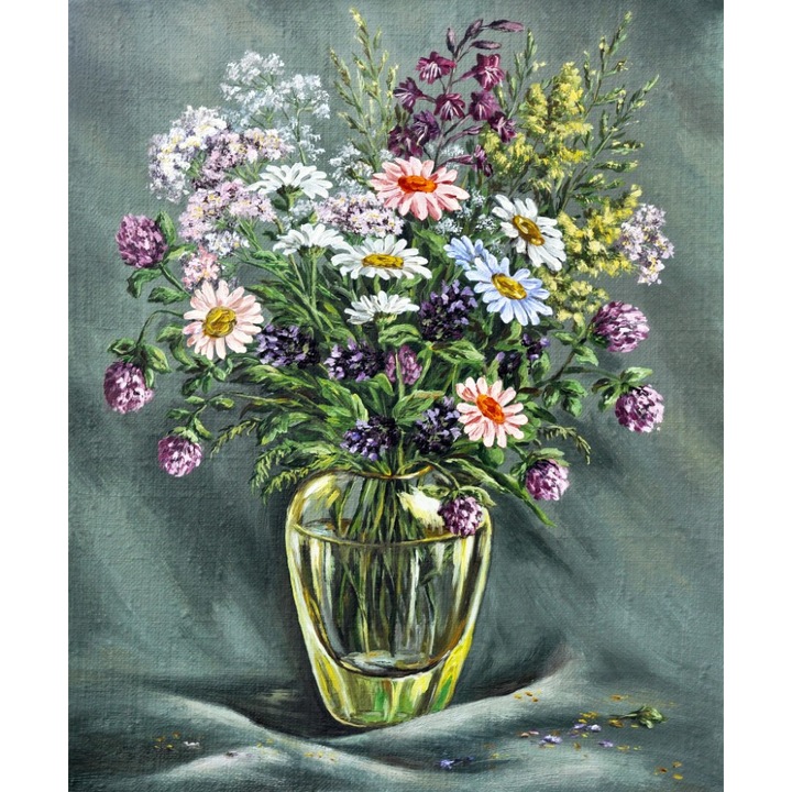 Tablou canvas Flori salbatice, vaza sticla, pictura, buchet, 30 x 45 cm