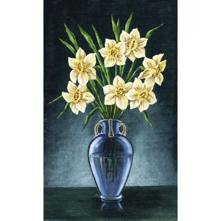 Tablou canvas Flori, narcise alve, vaza albastra, pictura, buchet, 40 x 60 cm