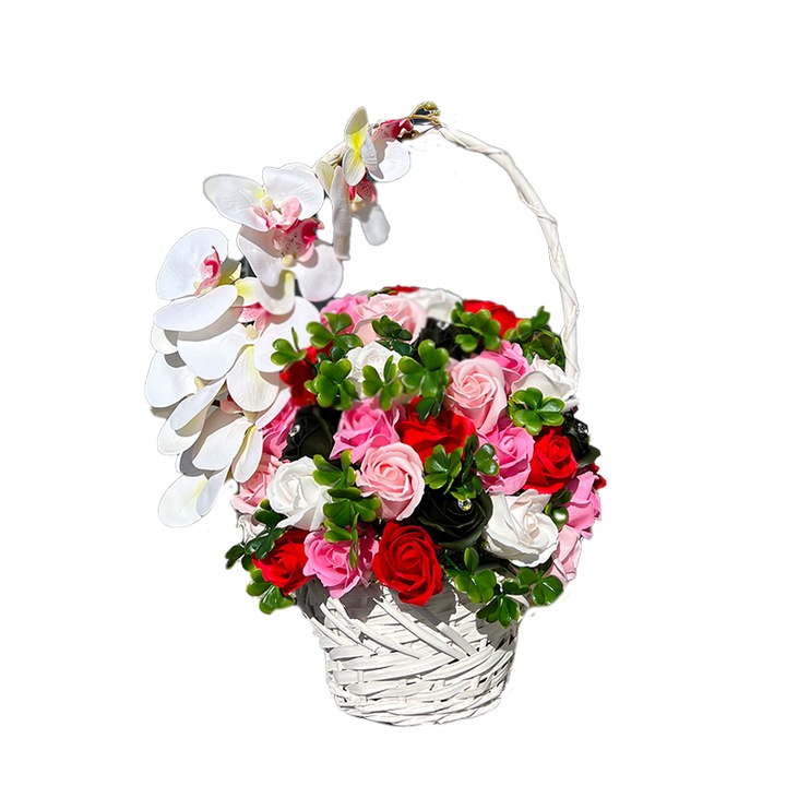 Cosulet Royal Orchid, cu trandafiri de sapun, accesorizati cu flori si plante artificiale, rosu/roz/verde