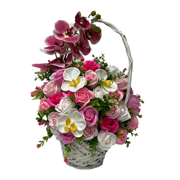 Cosulet Royal Orchid, cu orhidee si trandafiri de sapun, accesorizati cu flori si plante artificiale, roz/alb/fucsia