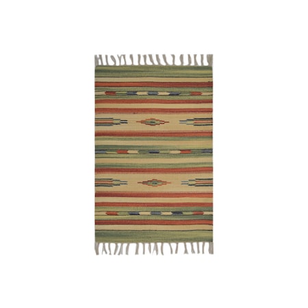 Covor lucrat manual cu franjuri, Model traditional, Bumbac impletit, Dreptunghi, Multicolor, 60x90cm