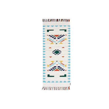 Covor lucrat manual cu franjuri, Model traditional, Dreptunghi, Bumbac impletit, Multicolor, 60x200cm