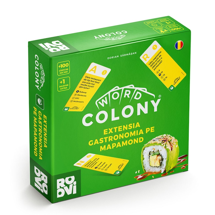 Joc societate Word Colony Gastronomia pe Mapamond, 100 carti de joc, extensie 1 jucator, Editia RO