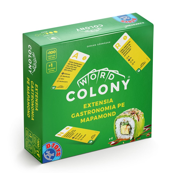 Társasjáték Word Colony Gastronomy a Mapamondon, 100 játékkártya, 1 játékos bővítmény, RO Edition