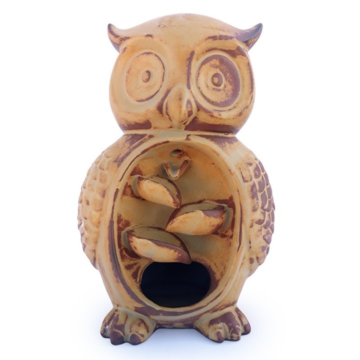 Candela din ceramica in forma de bufnita, cu suport pentru con parfumat, 16cm, maro