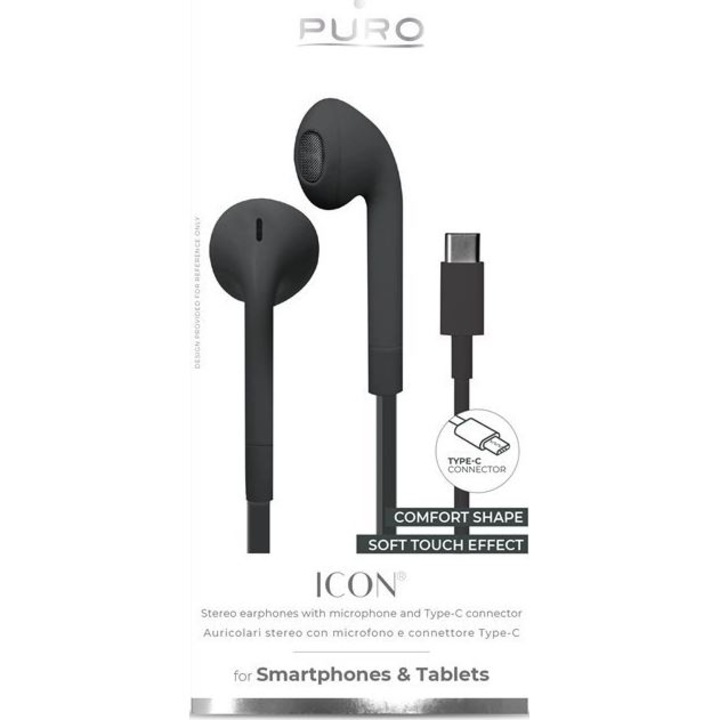 Слушалки PURO ICON, стерео, с USB-C плосък кабел, микрофон, дистанционно управление, черен