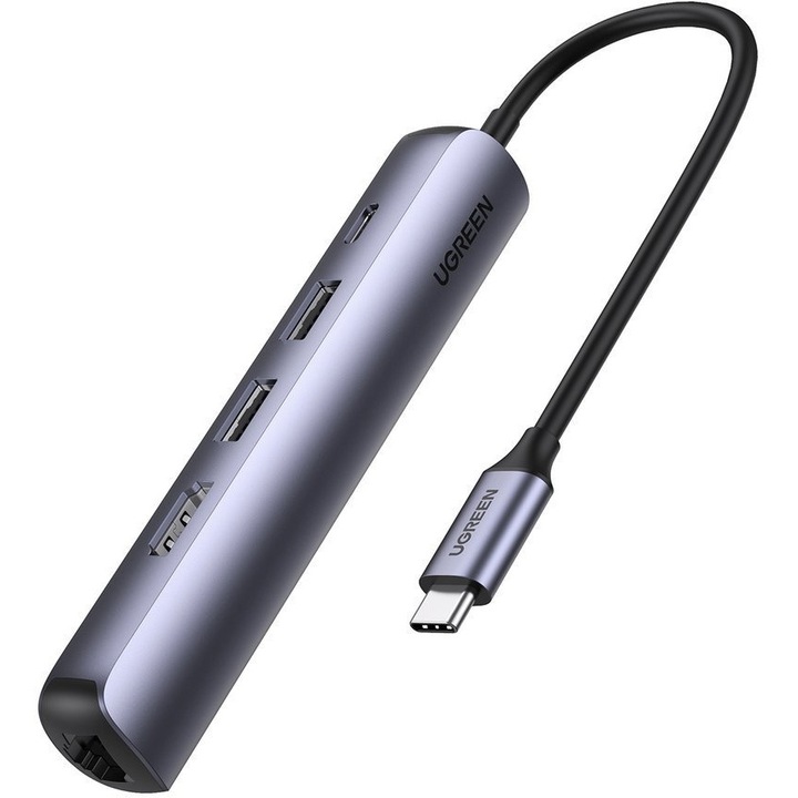 Хъб UGREEN CM418, 5в1, USB-C, 2xUSB 3.0, HDMI, RJ45, USB-C, сив