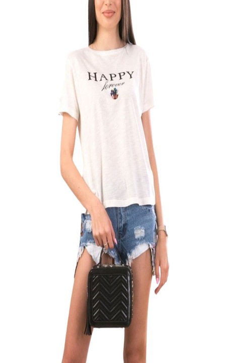 Тениска с послание Happy Forever, разноцветни камъчета, бяла, памучна, размер S/M