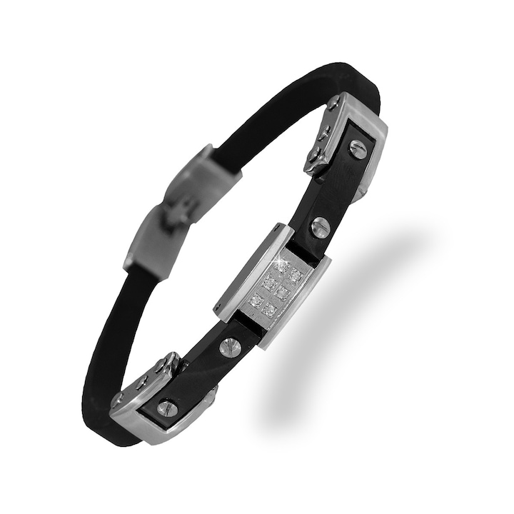 Nemesacél karlánc fekete kaucsuk szíjjal nemesacél betéttel cirkónia kővel