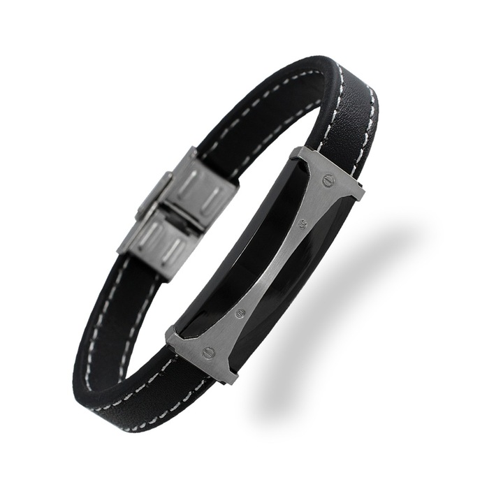 Nemesacél karkötő, varrott bőr szíjjal