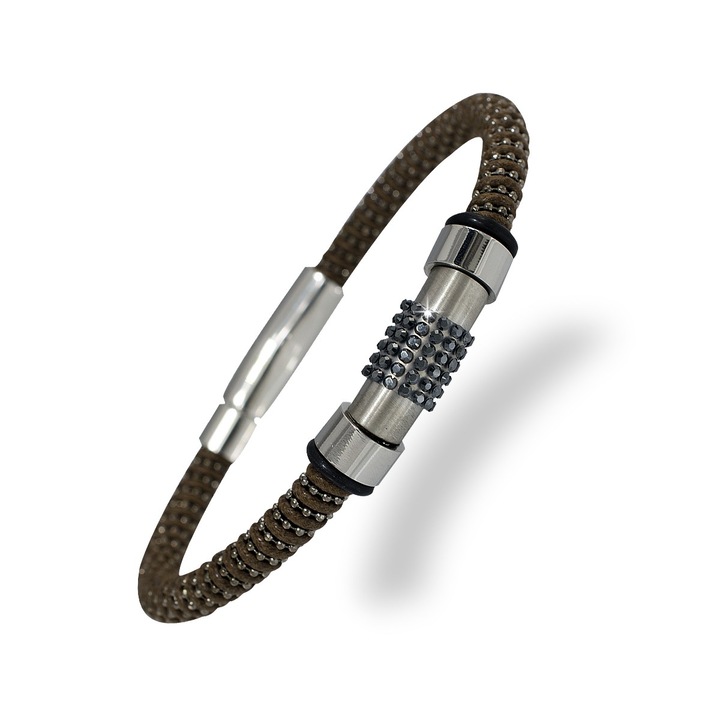 Nemesacél karkötő barna textílbőr-nemesacél szíjjal nemesacél betéttel hematit kövekkel