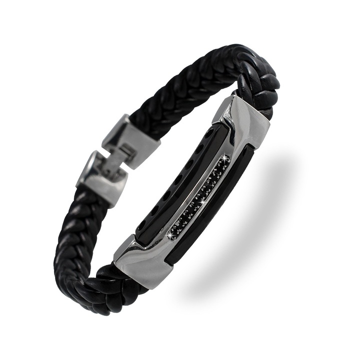 Nemesacél karlánc fekete fonott PVC szíjjal, nemesacél betéttel fekete foglalt cirkónia kövekkel