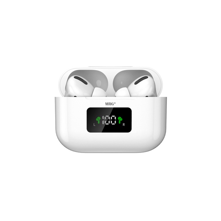 MRG MinPods3 Bluetooth fejhallgató, tokkal, LCD kijelzővel, fehér