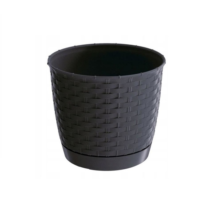 Prosperplast Ratolla Round Dekoratív virágcserép, kerek, rattan utánzat, antracit, 1,2 L, 14,5 x 12,7 cm