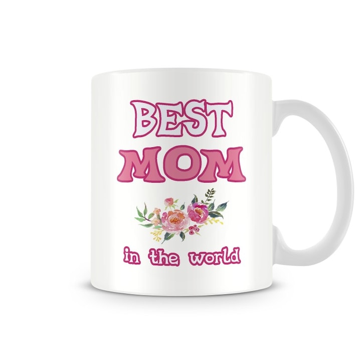 Керамична чаша за 8-ми март ден на жената Най-добрата Майка/Баба Tralala BEST MOM IN THE WORLD flowers, Бял, 330 мл