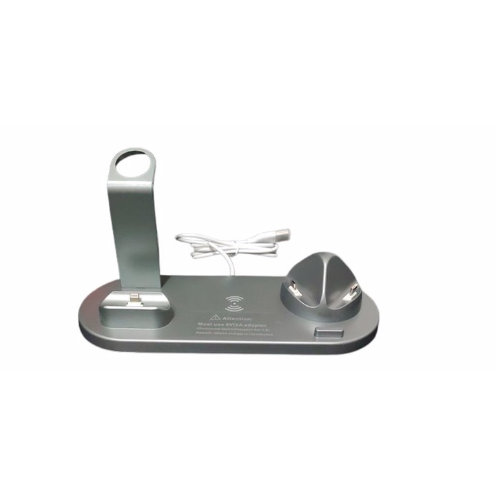 Incarcator wireless 3 in 1, statie de incarcare rapida 10 W, pentru Apple iWatch, AirPods Pro, iPhone, Samsung Galaxy, culoare argintiu