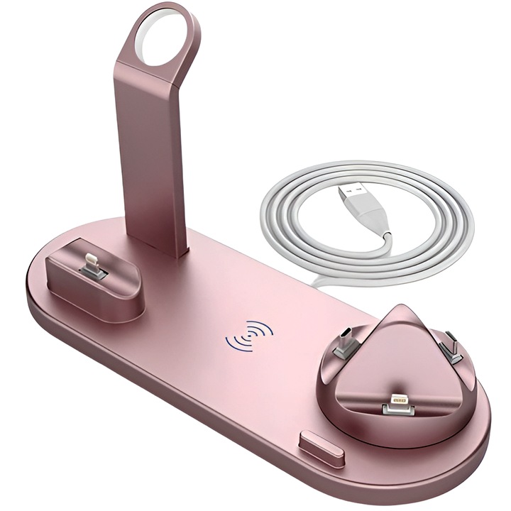 Incarcator wireless 3 in 1, statie de incarcare rapida 10 W pentru Apple iWatch, AirPods Pro, Samsung Galaxy, culoare roz