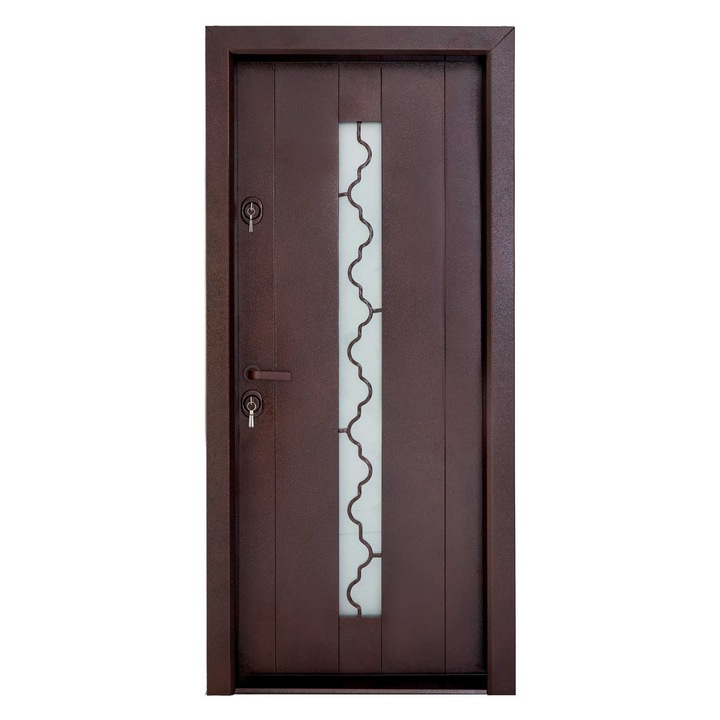 Usa metalica pentru exterior Still 602, izolata, cu geam, deschidere dreapta, maro lovitura de ciocan, 88x201 cm