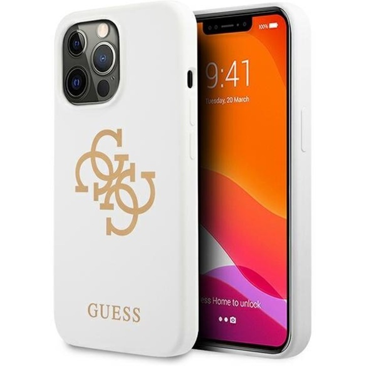 Könyves telefontok, Guess, Műanyag, iPhone 13 Pro / 13 6.1", Fehér/Arany