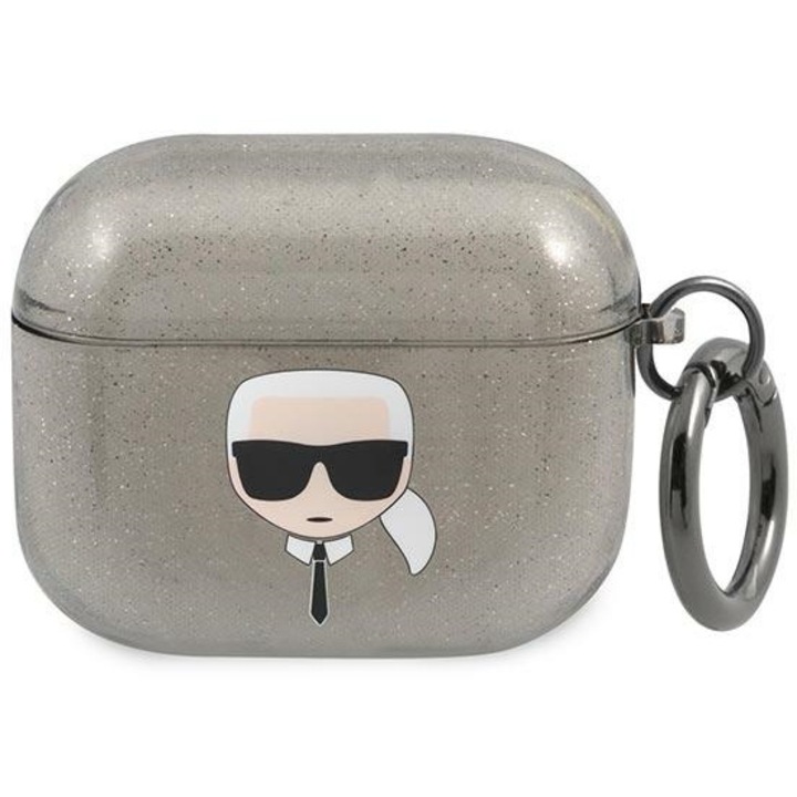 Калъф Karl Lagerfeld KLA3UKHGK Glitter Karl`s Head, за Apple AirPods 3, черен