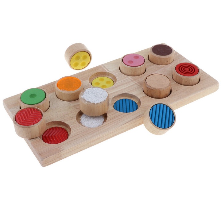 Joc educativ montessori tip Tabla lemn cu 10 piese de asociere texturi diferite