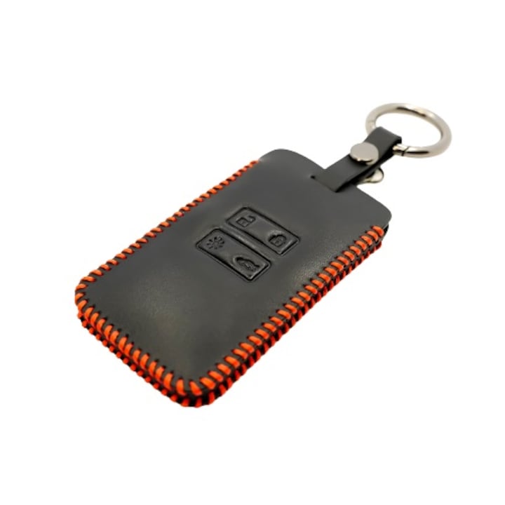 Husa Cheie/Cartela Auto, compatibila cu modele Renault / Dacia, din piele ecologica neagra cusuta manual cu ata rosie