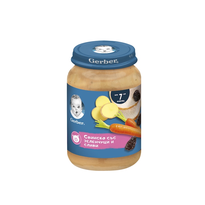 Пюре Nestlé GERBER ®, Свинско със зеленчуци и сливи, от 7-ия месец, бурканче, 190g