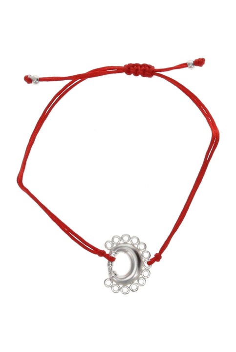 Bratara snur textil rosu, cu semiluna, 13 cercuri, cultura Tairona, placata cu argint 1000