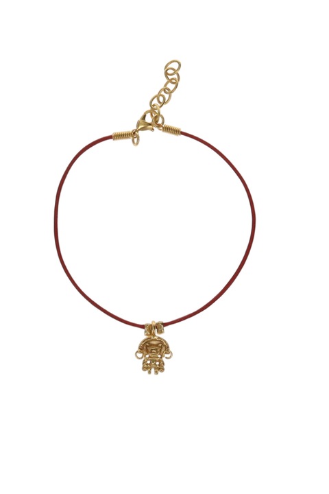 Bratara piele rosie, cu omul jaguar, cultura Tairona, placata cu aur de 24 K, 18 - 21 cm