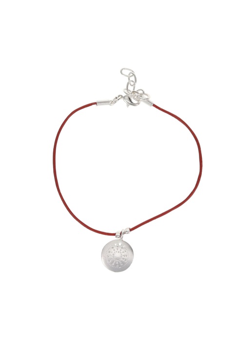 Bratara piele rosie, cu calendarul astrologic, cultura Muisca, placata cu argint 1000, 18 - 21 cm