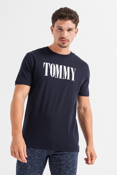 Tommy Hilfiger, Тениска от органичен памук с лого, Бял/Тъмносин, L