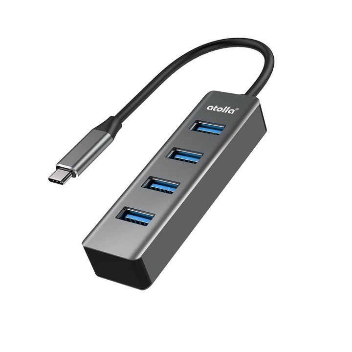 Хъб Atolla, USB, Алуминий, 4 порта 3.0, USB-C, Сребрист