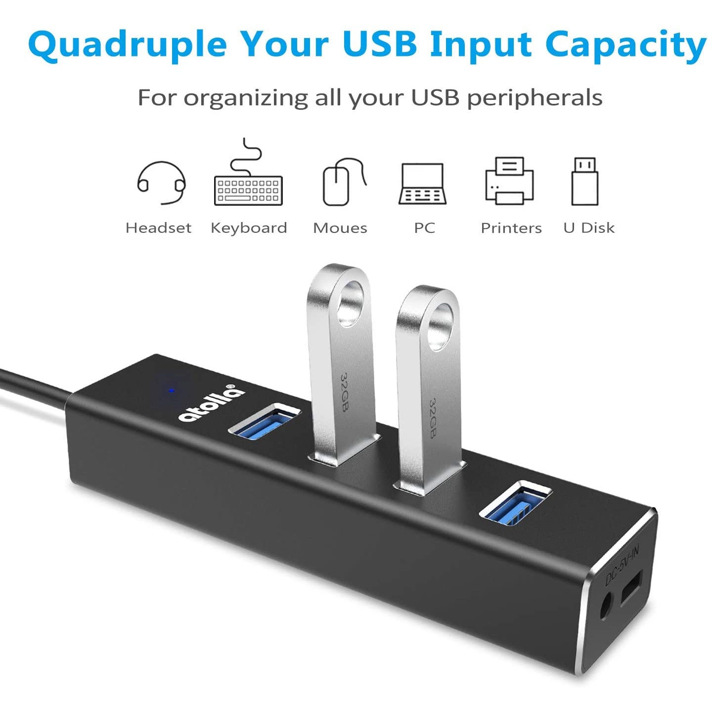 Atolla USB HUB, Elosztó, Alumínium, 4 Port USB 3.0, DC/MicroUSB, Fekete ...