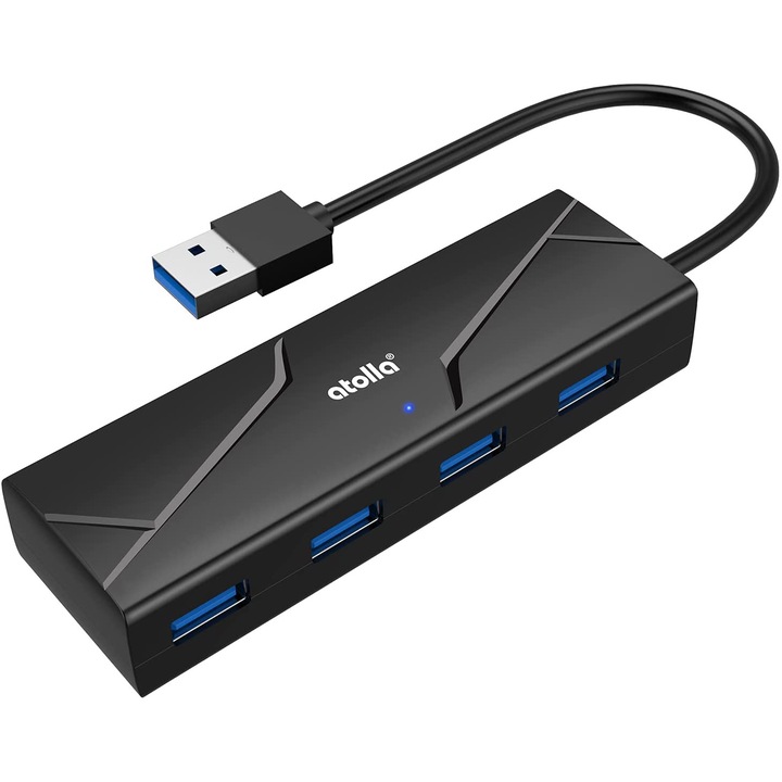 Hub USB, Atolla, 4 Porturi 3.0, 5Gbps, Compatibil cu Macbook/Laptop/PC, Negru