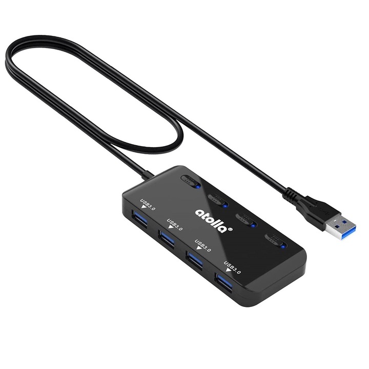 Хъб сплитер Atolla, 4 USB 3.0 порта, LED, ON/OFF бутон, 105x45x15 мм, Черен