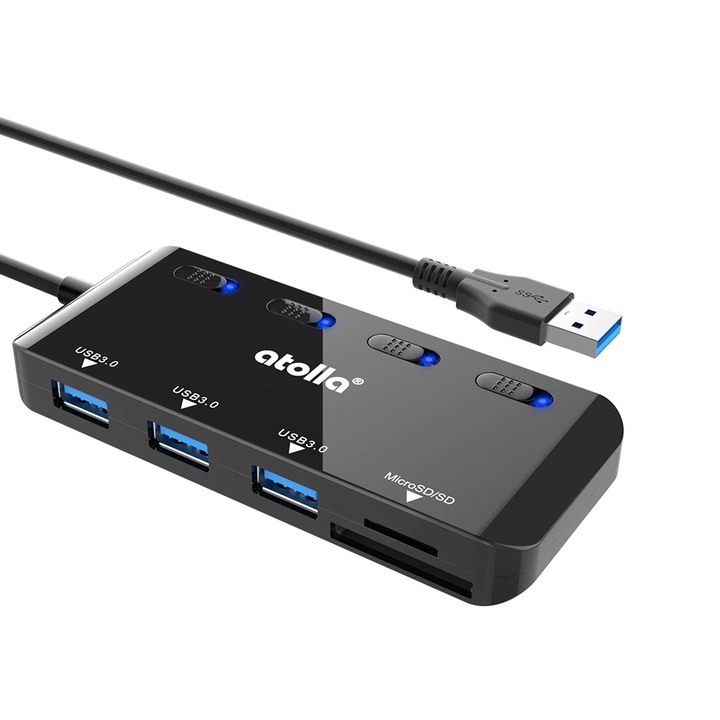 Хъб сплитер Atolla, 3 USB 3.0 порта, LED, MicroSD/SD, бутон ON/OFF, Черен