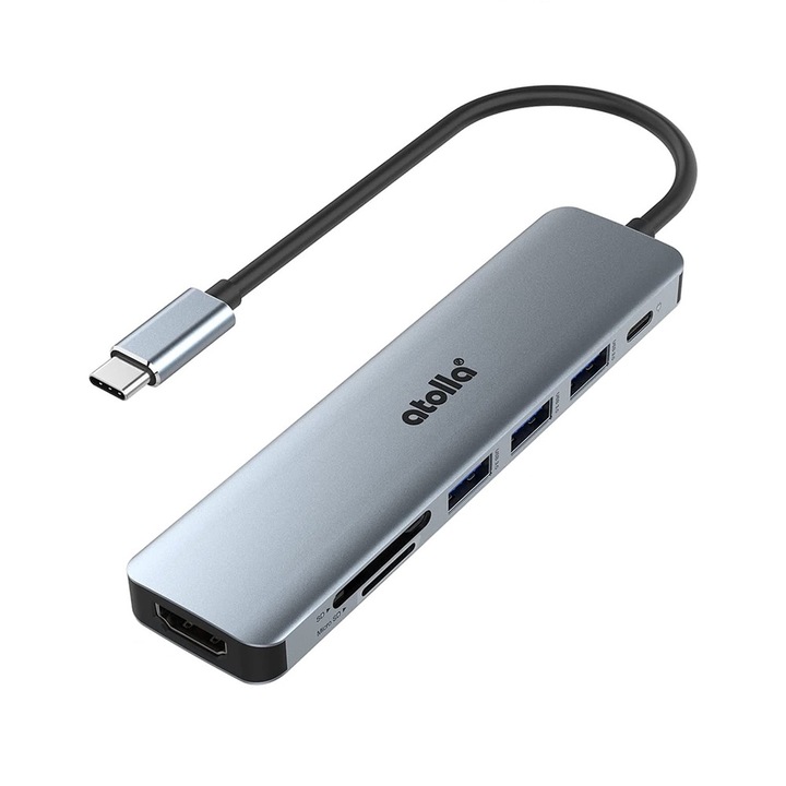 Хъб Atolla, Алуминий, 7в1, 100W, USB/USB-C/HDMI/SD/MicroSD, Сребрист